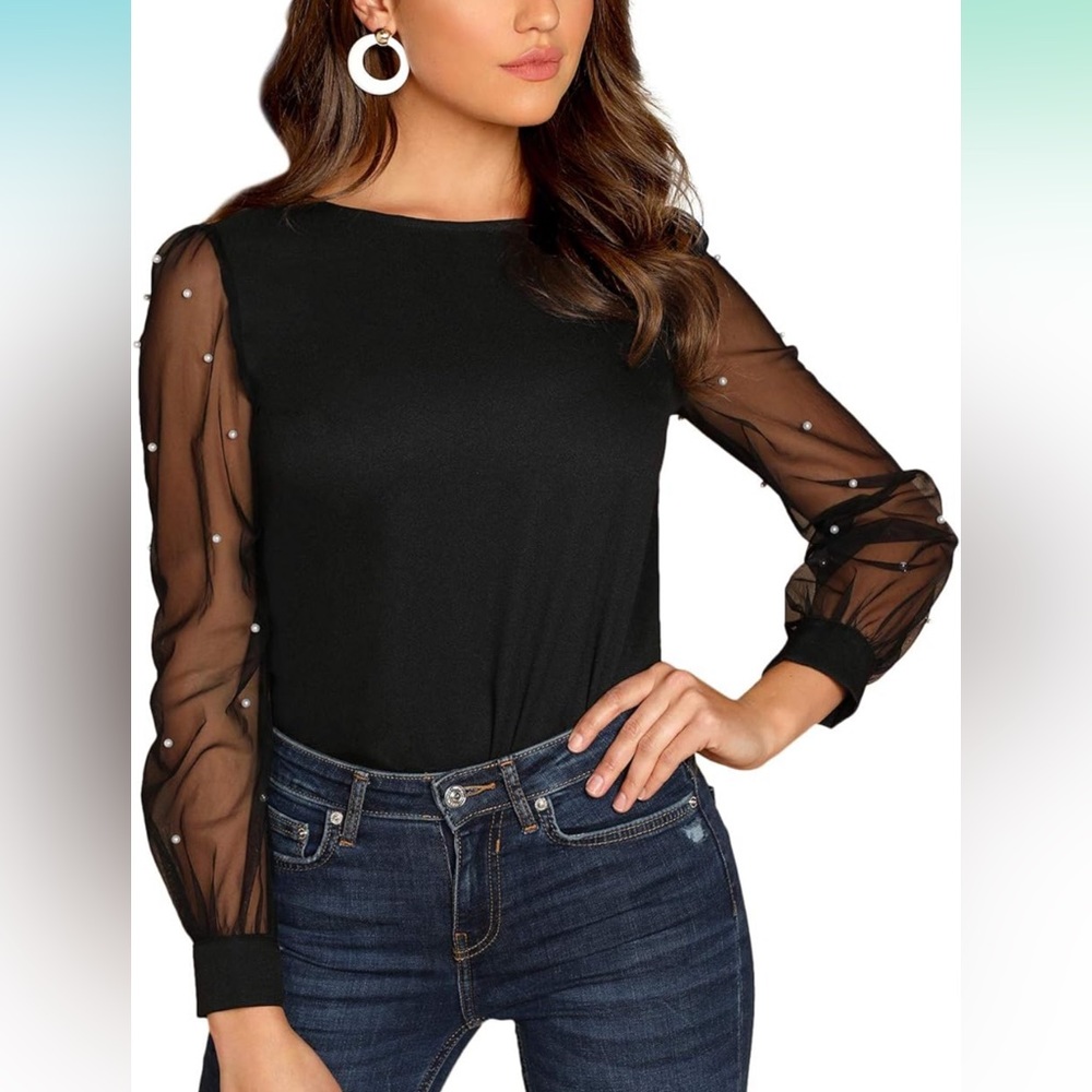 Black Blouse Sheer Long Sleeves with Pearl Embellishments